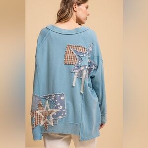 Blue Velvet Star Blue Patchwork sweatshirt sweater pocket v-neck
